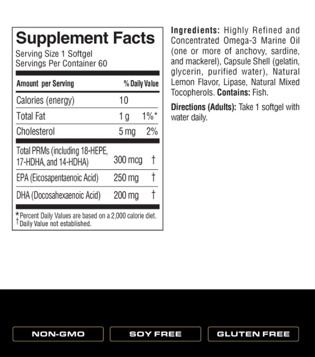 Spoken Pro Resolving Mediators + EPA/DHA Supplement Facts 60 Count  – 14-HDHA, 17-HDHA, 18-HEPE with EPA and DHA dosage details.