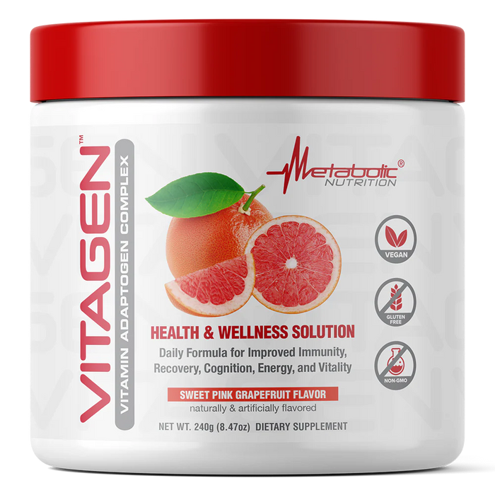 Metabolic Nutrition Vitagen Bottle Front Sweet Pink Grapefruit 240g – Advanced Multi-Vitamin for Energy, Immunity & Performance Support | TigerFitness