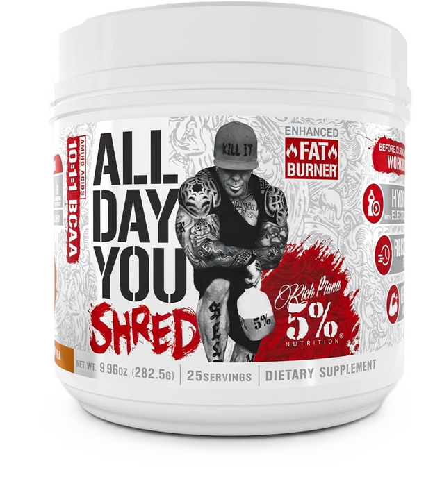 5% Nutrition All Day You Shred BCAA Fat Burner Energy and Recovery Front Sweet Tea 25 Servings 