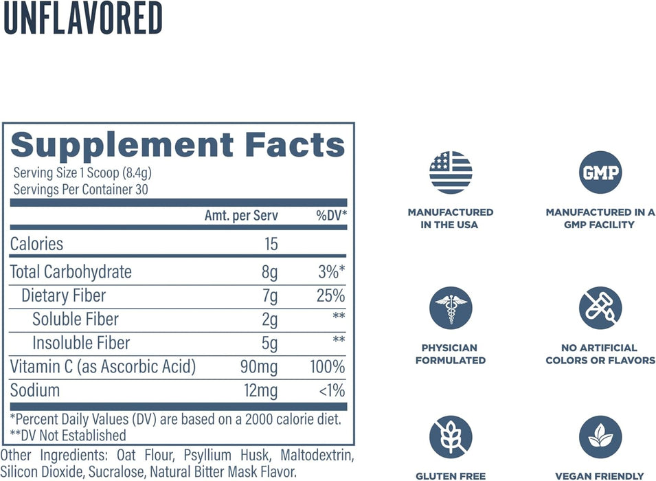 Revive MD Fiber Unflavored supplement facts panel showing 5g dietary fiber per serving