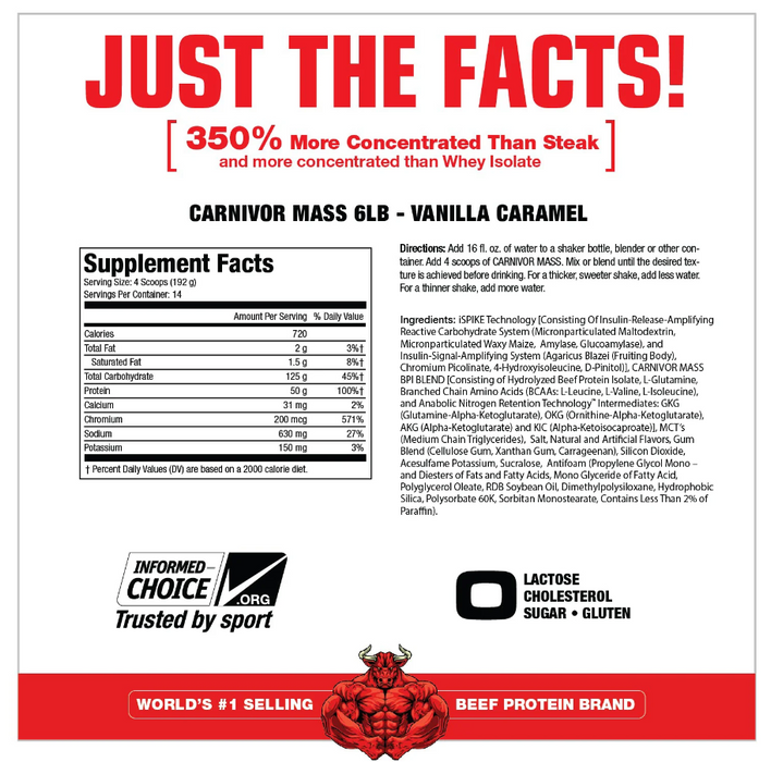 MuscleMeds Carnivor Mass Supplement Facts & Ingredients Label,  Beef Protein Mass Gainer Nutrition Panel, Vanilla Caramel | Tigerfitness.com