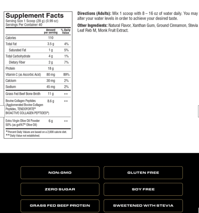 Spoken Nutrition Grass-Fed Beef Protein Supplement Facts – nutrition label showing calories, protein content, amino acids, and ingredient details