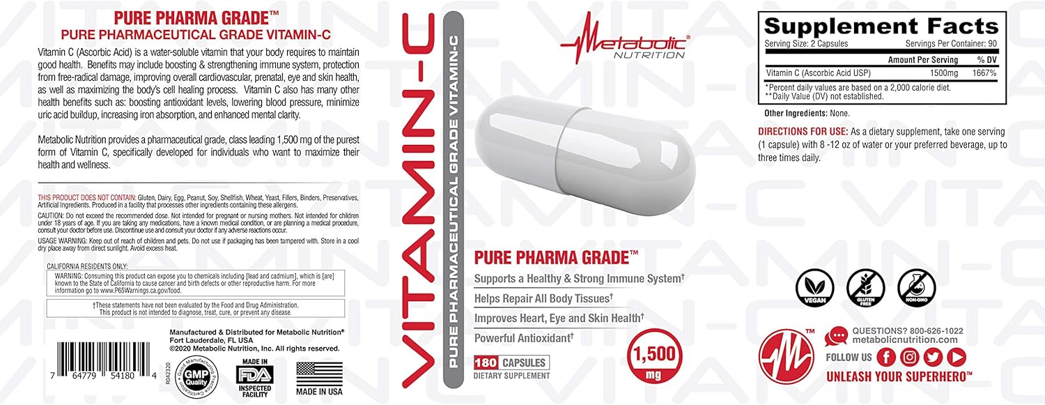 Metabolic Nutrition Vitamin C Supplement Facts & Ingredients Label 180 Capsules | Tigerfitness.com