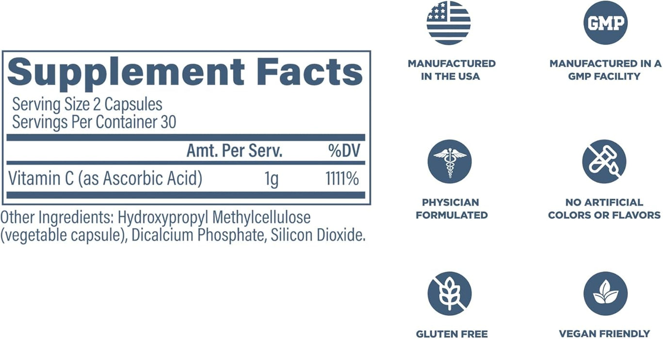 Revive MD Vitamin C supplement facts panel showing vitamin C antioxidant formula 200 Capsules 