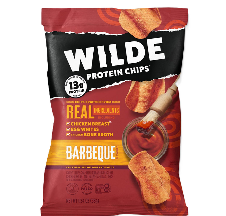 WILDE Protein Chips front bag showing 13g protein per serving 8 Pack Barbeque Flavor