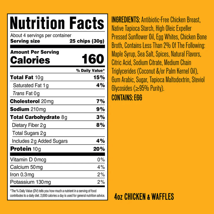 Close-up of WILDE Protein Chips highlighting crunchy texture Chicken & Waffles Nutrition Facts
