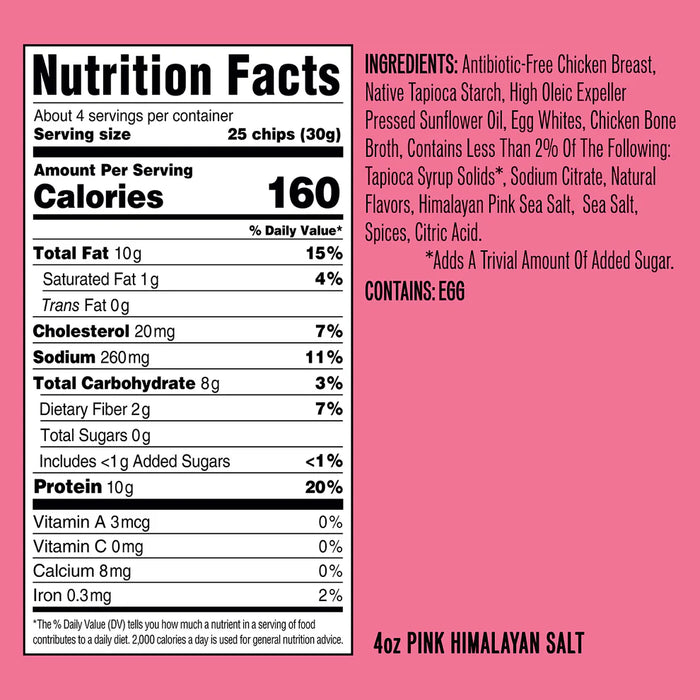 WILDE Protein Chips front bag showing 13g protein Nutrition Facts Pink Himalayan Salt