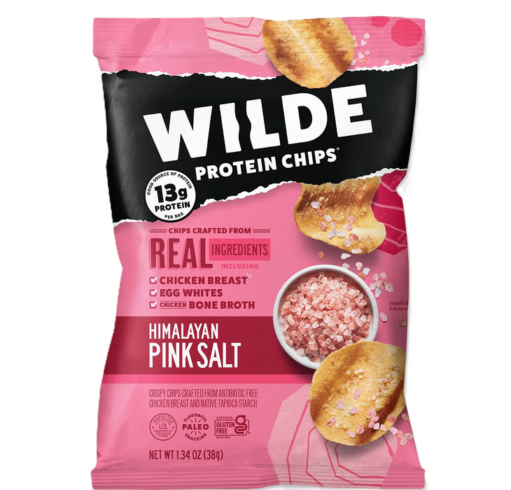 WILDE Protein Chips front bag showing 13g protein per serving 8 Packs Himalayan Pink Salt