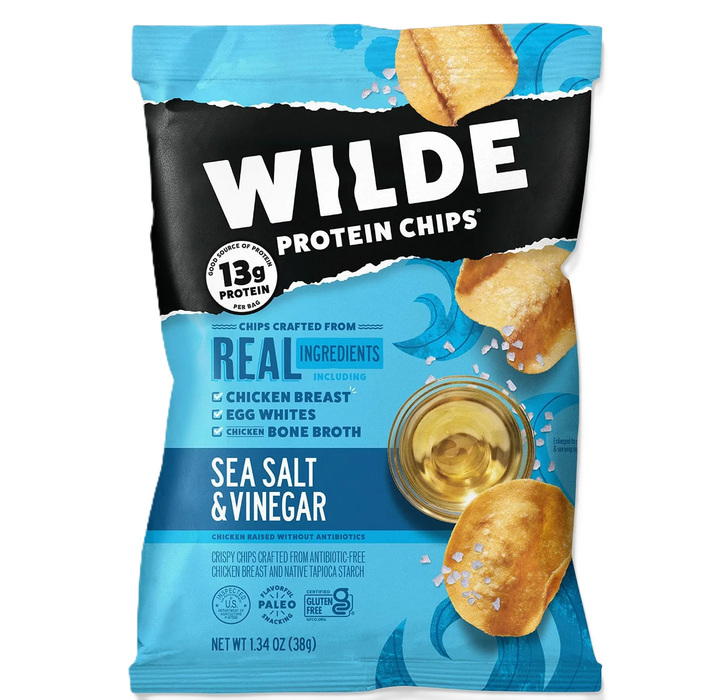 WILDE Protein Chips front bag showing 13g protein per serving 8 Pack Sea Salt  & Vinegar