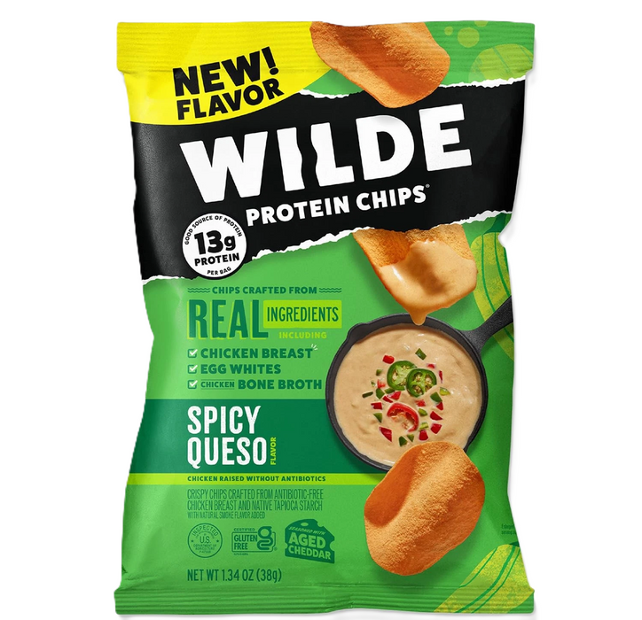 WILDE Protein Chips front bag showing 13g protein per serving 8 Packs Spicy Queso