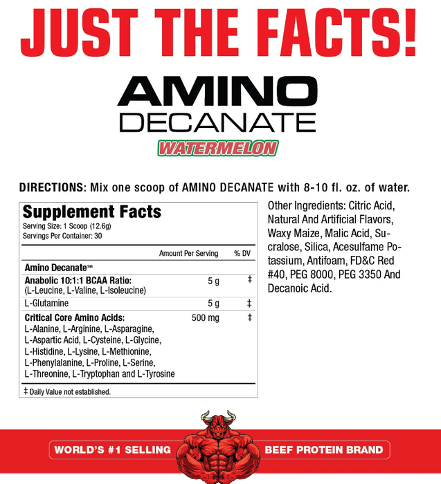 MuscleMeds Amino Decanate Supplement Facts & Ingredients Label 30 Servings Watermelon | Tigerfitness.com