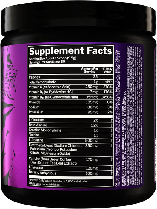 Rule 1 R1 ROAR supplement facts panel showing creatine, beta-alanine, citrulline, electrolytes, and caffeine 