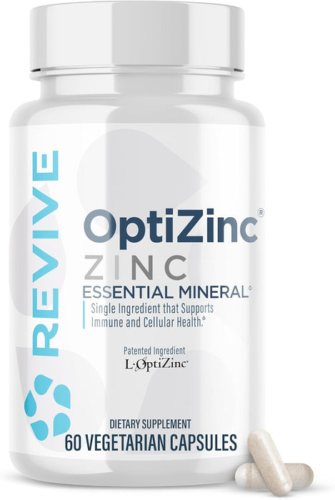 Revive MD Zinc dietary supplement bottle featuring OptiZinc for immune and cellular health 60 Vegetarian Capsules