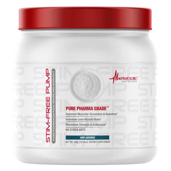 Metabolic Nutrition Stim-Free Pump Bottle Front 300g – Caffeine-Free Pre-Workout for Muscle Pumps, Endurance & Performance | TigerFitness