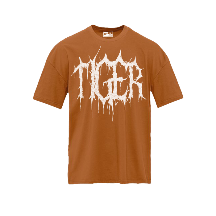 Tiger Oversized Mayhem Tee in brown – super soft heavyweight cotton shirt with bold white “TIGER” graphic on front